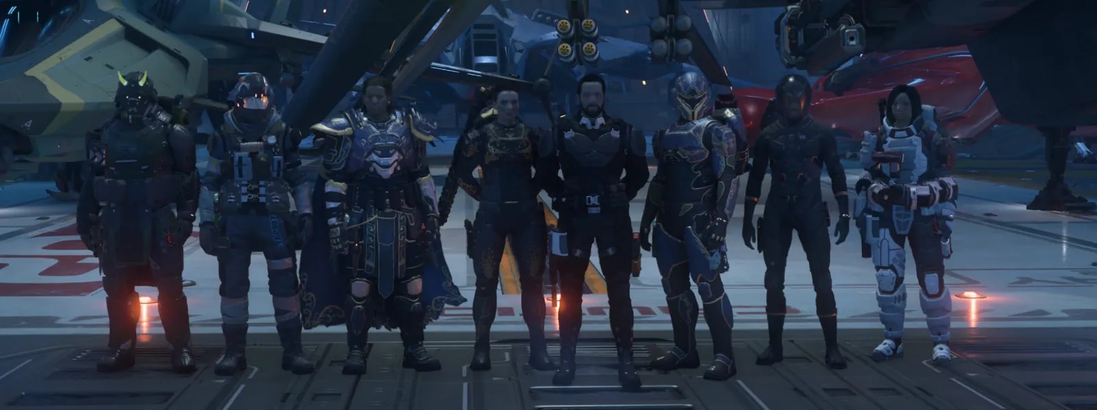 Eight PTF members formed up on the Blood Asp hangar deck before the jump into Nyx