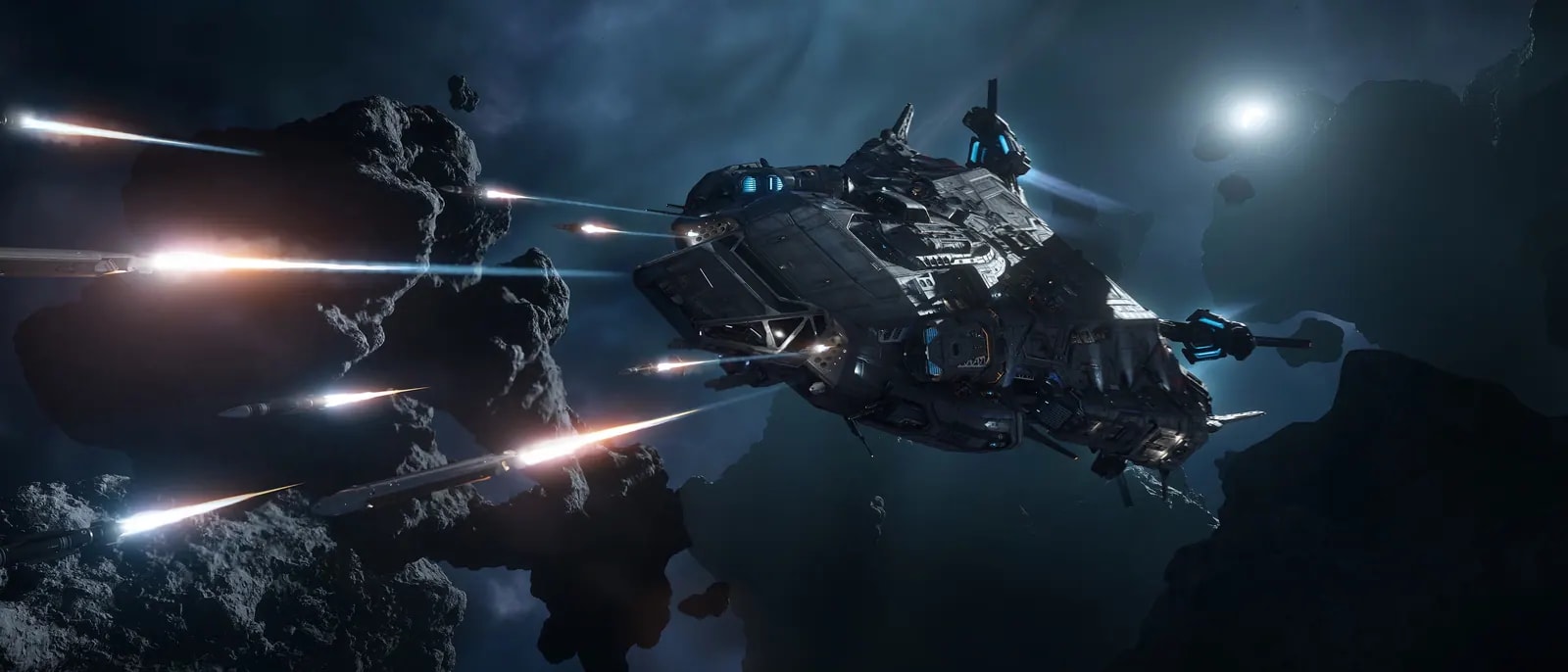 RSI Polaris flying through asteroid field firing torpedoes